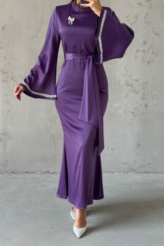 Kol Detaylı Eşsiz Tasarım Saten Tesettür Abiye Lila