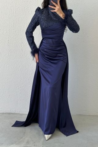 Sequin Sparkle: Satin Hijab Evening Dress with Feather Sleeves Navy Blue