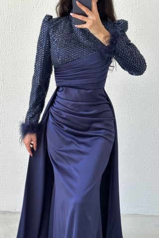 Sequin Sparkle: Satin Hijab Evening Dress with Feather Sleeves Navy Blue