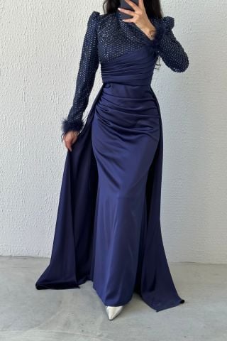 Sequin Sparkle: Satin Hijab Evening Dress with Feather Sleeves Navy Blue