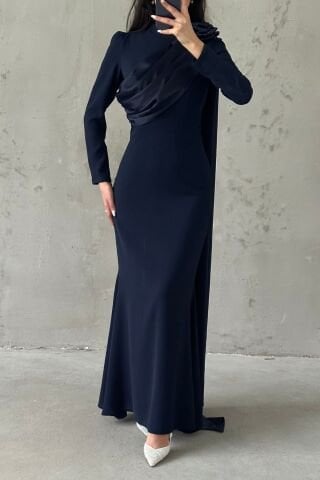 Draped Tail Detailed Shoulder Rose Hijab Evening Dress Navy Blue