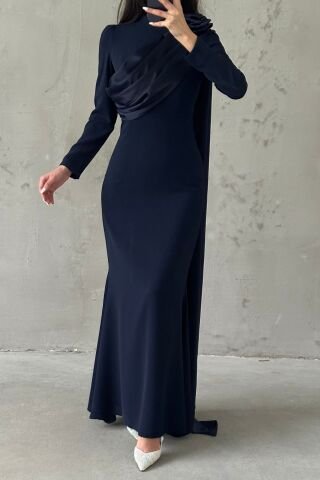 Draped Tail Detailed Shoulder Rose Hijab Evening Dress Navy Blue