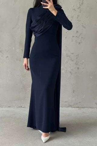 Draped Tail Detailed Shoulder Rose Hijab Evening Dress Navy Blue