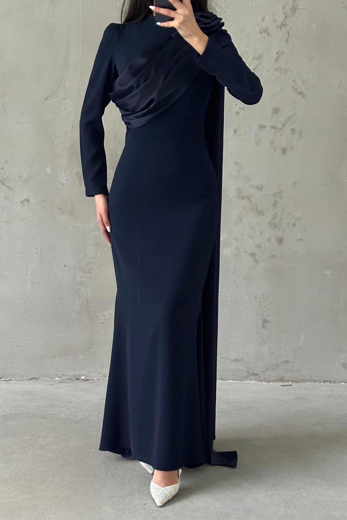 Draped Tail Detailed Shoulder Rose Hijab Evening Dress Navy Blue
