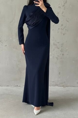 Draped Tail Detailed Shoulder Rose Hijab Evening Dress Navy Blue