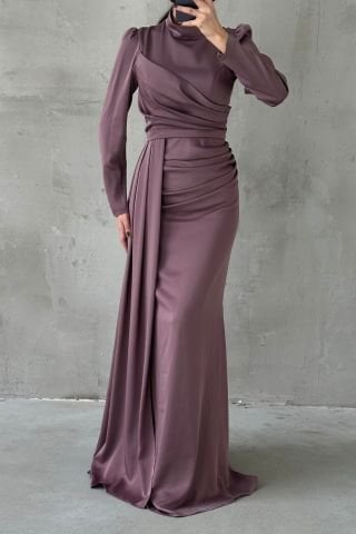 Drapeli Kuyruk Detaylı Tesettür Abiye Vizon