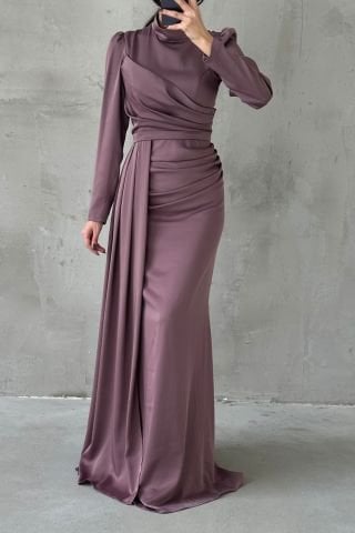 Drapeli Kuyruk Detaylı Tesettür Abiye Vizon