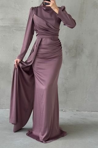 Drapeli Kuyruk Detaylı Tesettür Abiye Vizon