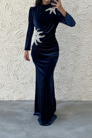 Noble and Stylish Velvet Fish Hijab Evening Dress Navy Blue