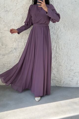 Thin Belted Chiffon Hijab Evening Dress Lilac