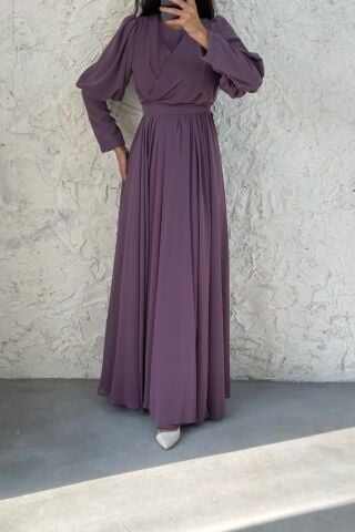 İnce Kuşaklı Şifon Tesettür Abiye Lila
