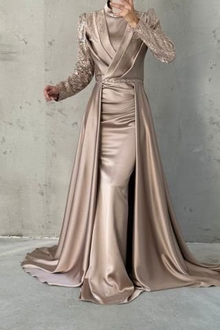 Sparkling Stone Detailed Cape Satin Hijab Evening Dress Mink