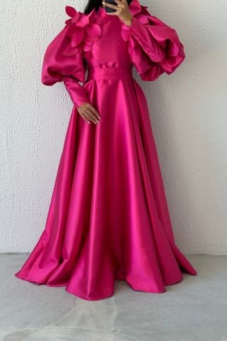 Sparkly Brooch Balloon Sleeve Satin Hijab Evening Dress Fuchsia