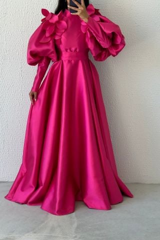 Sparkly Brooch Balloon Sleeve Satin Hijab Evening Dress Fuchsia