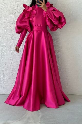 Sparkly Brooch Balloon Sleeve Satin Hijab Evening Dress Fuchsia