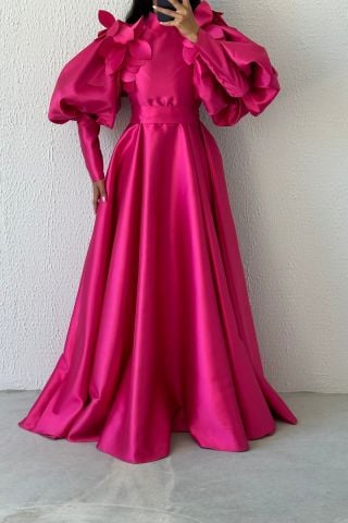 Sparkly Brooch Balloon Sleeve Satin Hijab Evening Dress Fuchsia