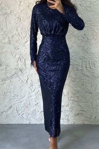 Gathered Sequined Hijab Evening Dress Navy Blue