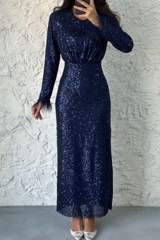 Gathered Sequined Hijab Evening Dress Navy Blue