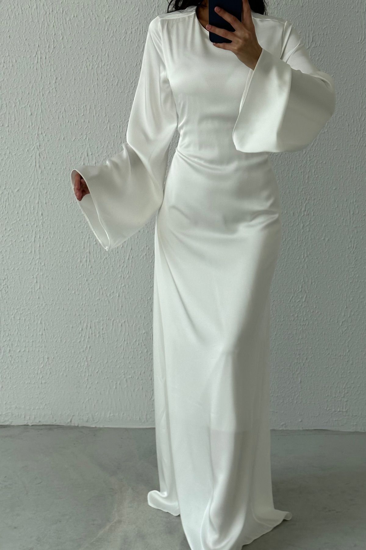 Basic Satin Hijab Evening Dress Ecru with Back Tie Detail