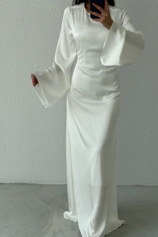 Basic Satin Hijab Evening Dress Ecru with Back Tie Detail