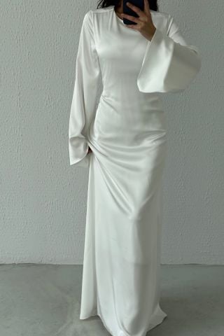 Basic Satin Hijab Evening Dress Ecru with Back Tie Detail