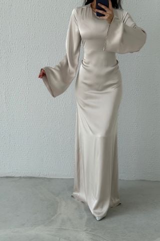 Basic Satin Hijab Evening Dress with Back Tie Detail Stone
