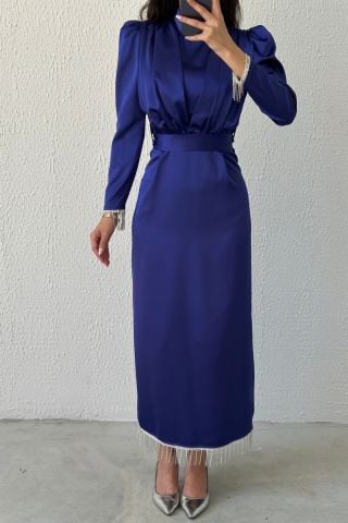 Etek Ucu Ve Kol Ucu Zincirli Saten Tesettür Abiye Lacivert