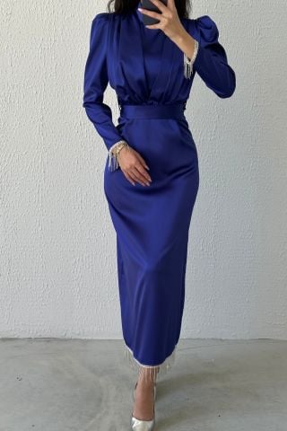 Etek Ucu Ve Kol Ucu Zincirli Saten Tesettür Abiye Lacivert