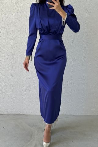 Etek Ucu Ve Kol Ucu Zincirli Saten Tesettür Abiye Lacivert