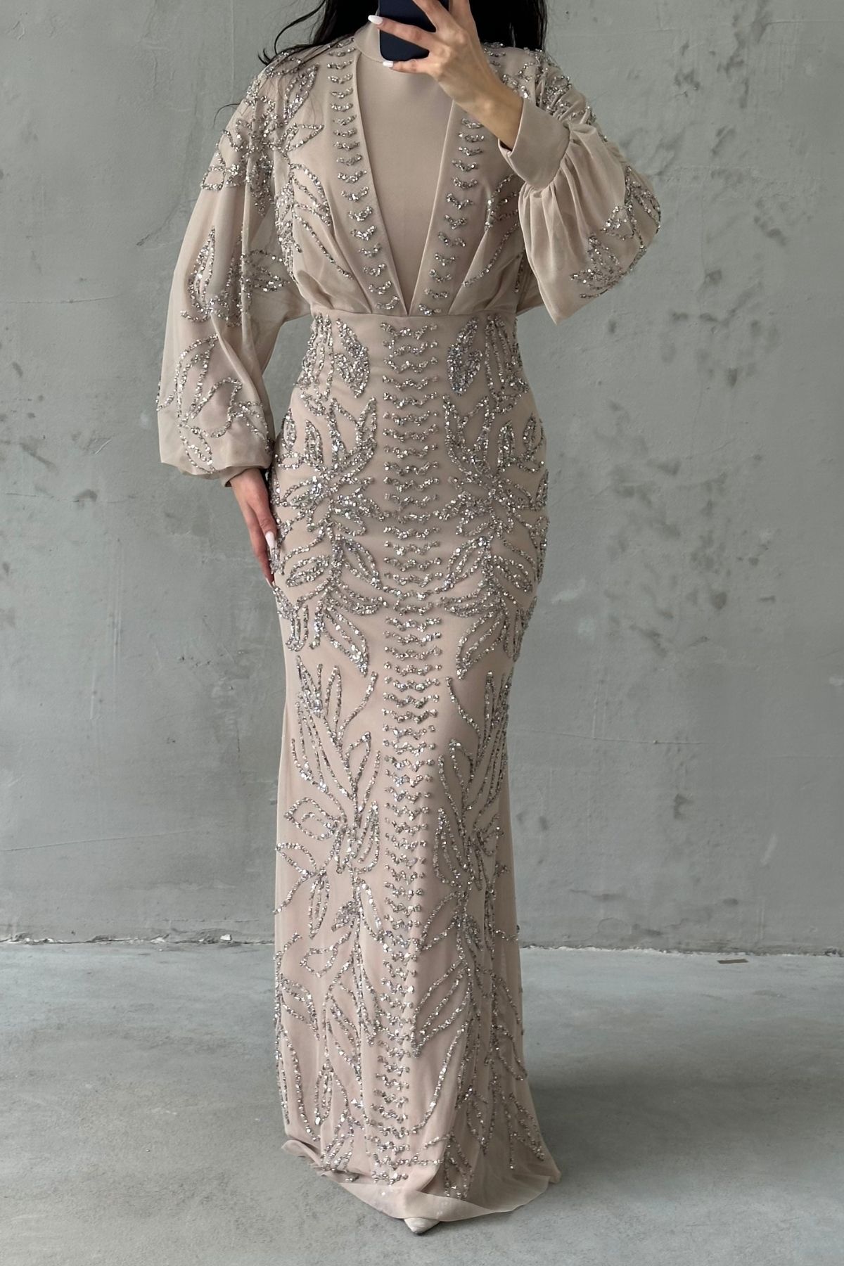 Taş İşlemeli Balon Kol Tesettür Abiye Taş