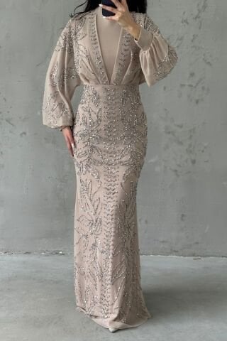 Taş İşlemeli Balon Kol Tesettür Abiye Taş