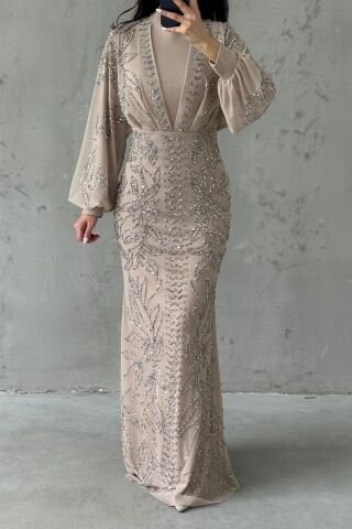 Taş İşlemeli Balon Kol Tesettür Abiye Taş