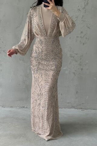 Taş İşlemeli Balon Kol Tesettür Abiye Taş