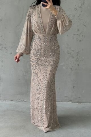 Taş İşlemeli Balon Kol Tesettür Abiye Taş