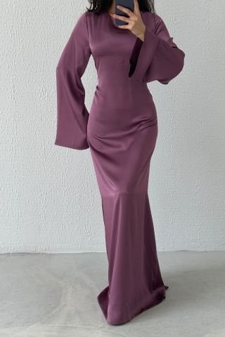 Basic Satin Hijab Evening Dress with Back Tie Detail, Dusty Rose