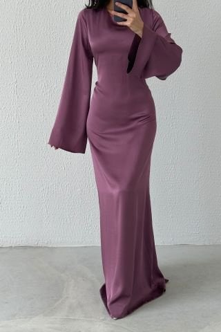 Basic Satin Hijab Evening Dress with Back Tie Detail, Dusty Rose