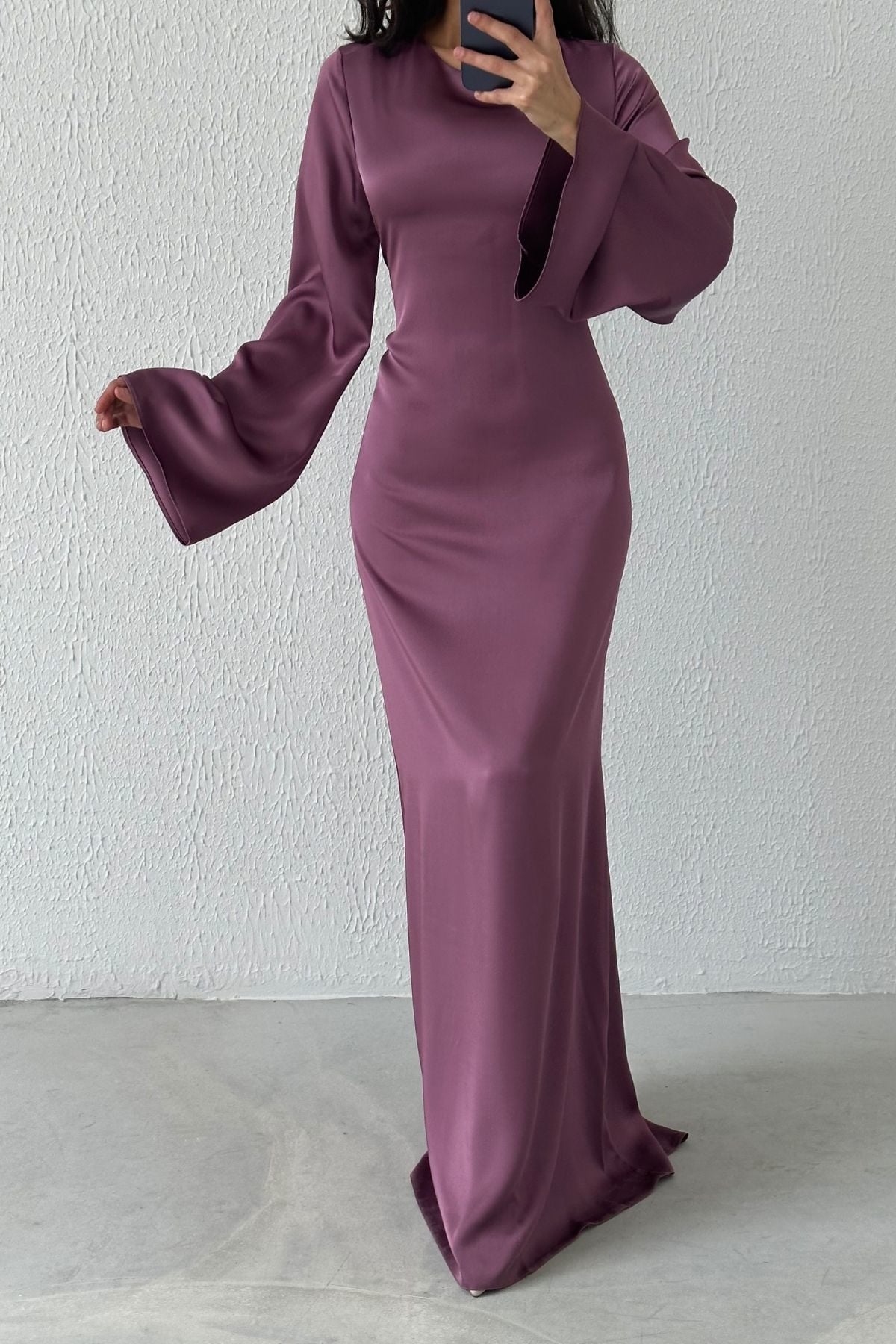 Basic Satin Hijab Evening Dress with Back Tie Detail, Dusty Rose