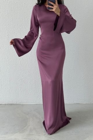 Arkadan Bağlama Detaylı Basic Saten Tesettür Abiye Gül Kurusu