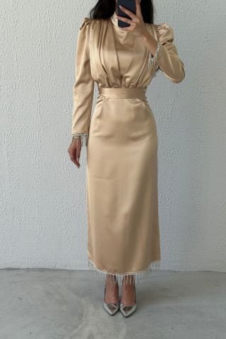 Etek Ucu Ve Kol Ucu Zincirli Saten Tesettür Abiye Taş