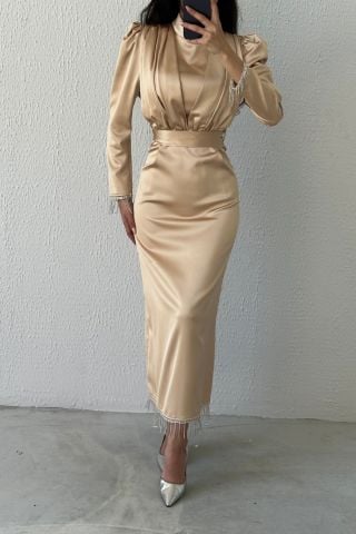 Etek Ucu Ve Kol Ucu Zincirli Saten Tesettür Abiye Taş