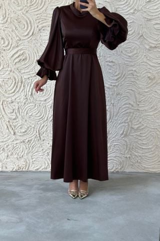 Minimal Elegance Satin Balloon Sleeve Hijab Evening Dress Brown