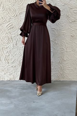 Minimal Elegance Satin Balloon Sleeve Hijab Evening Dress Brown