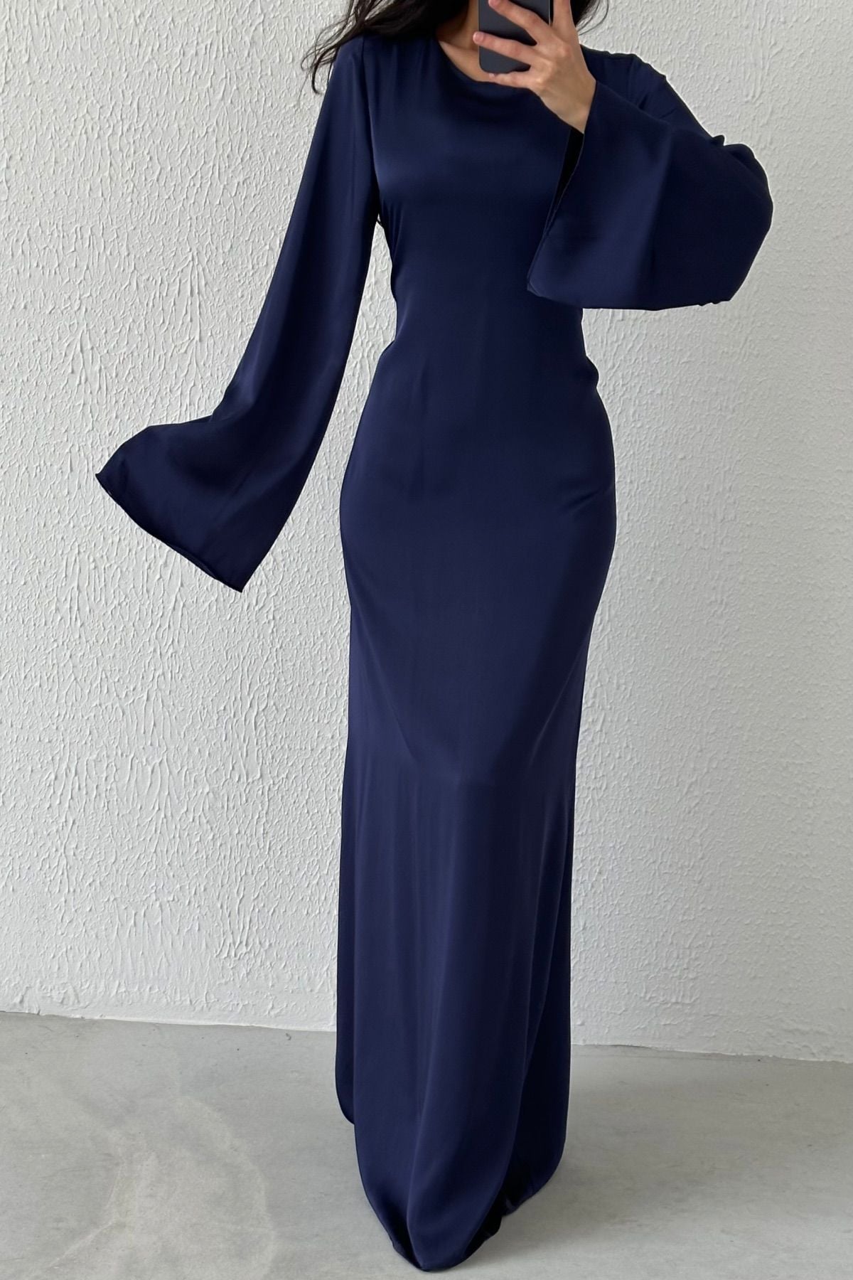 Basic Satin Hijab Evening Dress with Back Tie Detail Navy Blue
