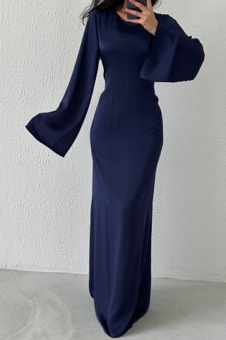 Basic Satin Hijab Evening Dress with Back Tie Detail Navy Blue