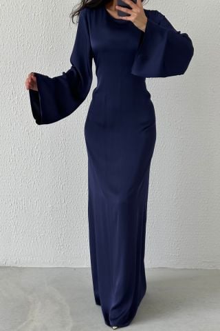 Basic Satin Hijab Evening Dress with Back Tie Detail Navy Blue