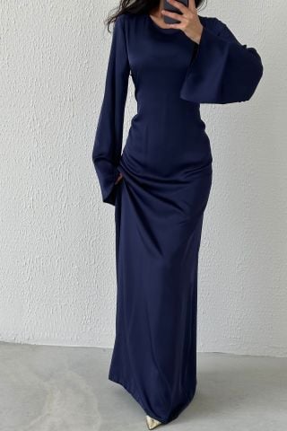 Arkadan Bağlama Detaylı Basic Saten Tesettür Abiye Lacivert