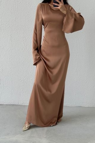 Arkadan Bağlama Detaylı Basic Saten Tesettür Abiye Bakır