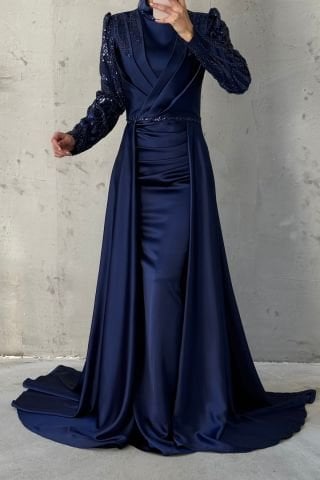 Işıltışı Taş Detaylı Pelerinli Saten Tesettür Abiye Lacivert