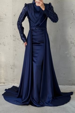 Işıltışı Taş Detaylı Pelerinli Saten Tesettür Abiye Lacivert