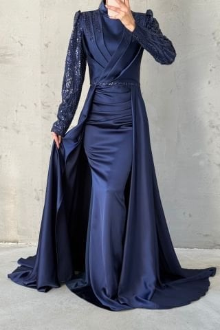 Sparkling Stone Detailed Cape Satin Hijab Evening Dress Navy Blue